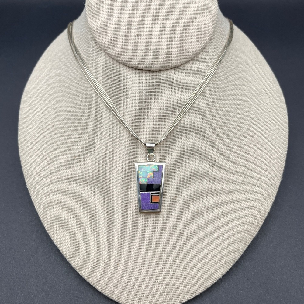 Vintage Native Scenic Reversable Gemstone Inlay Pendant Liquid Silver Necklace - Picture 8 of 12